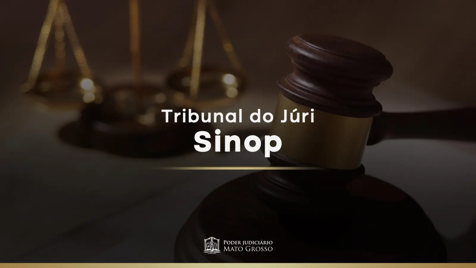 Arte institucional do Tribunal do Júri de Sinop mostra martelo do juiz em destaque e balança da Justiça ao fundo. O layout escuro traz o nome da unidade e a marca do Poder Judiciário de Mato Grosso.
