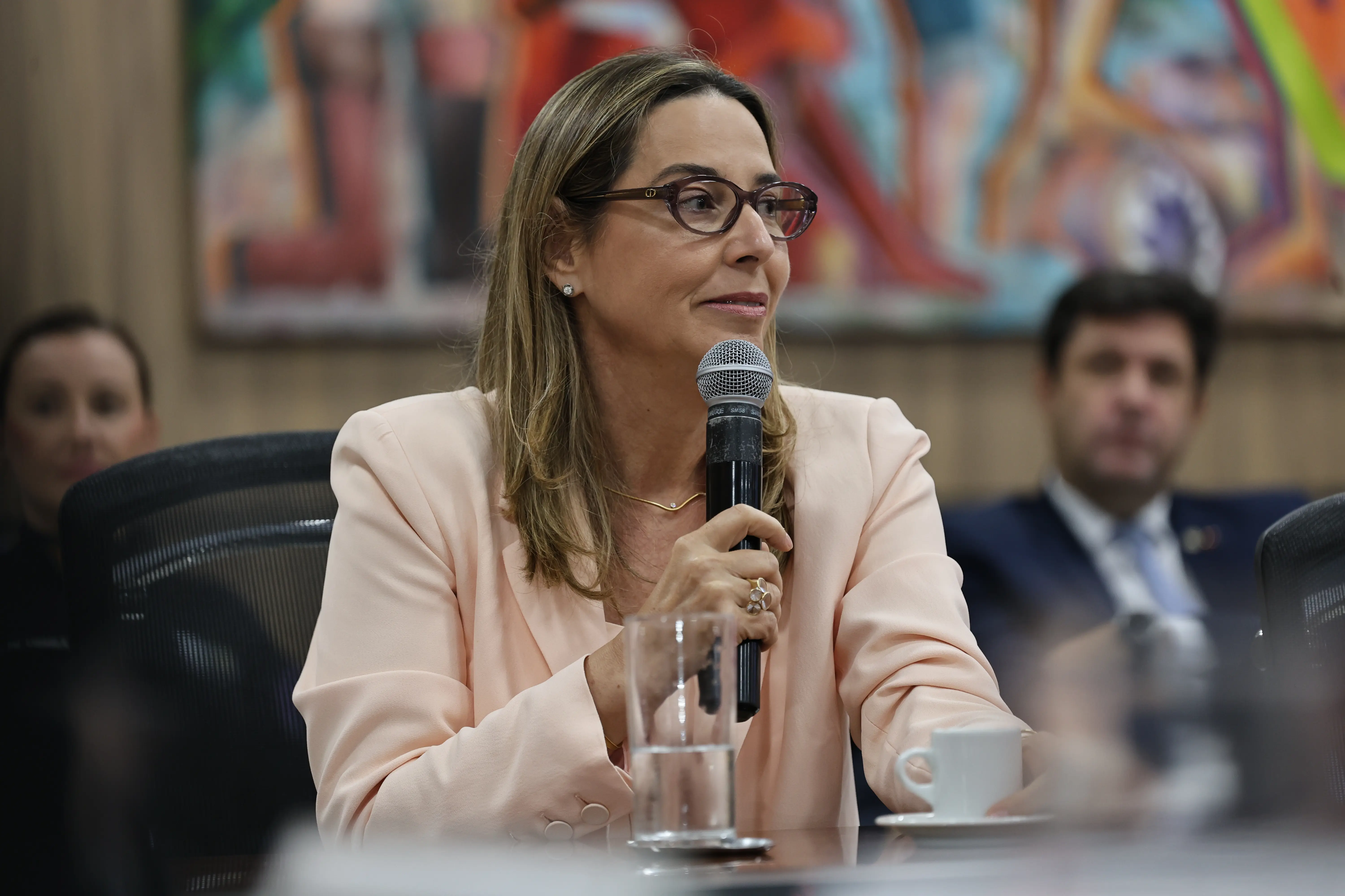 Mulher de cabelos claros e óculos escuros de grau, vestindo blazer rosa claro. Ela sorri levemente e fala ao microfone em uma mesa de reuniões. Ao fundo, pessoas desfocadas e uma pintura colorida na parede.