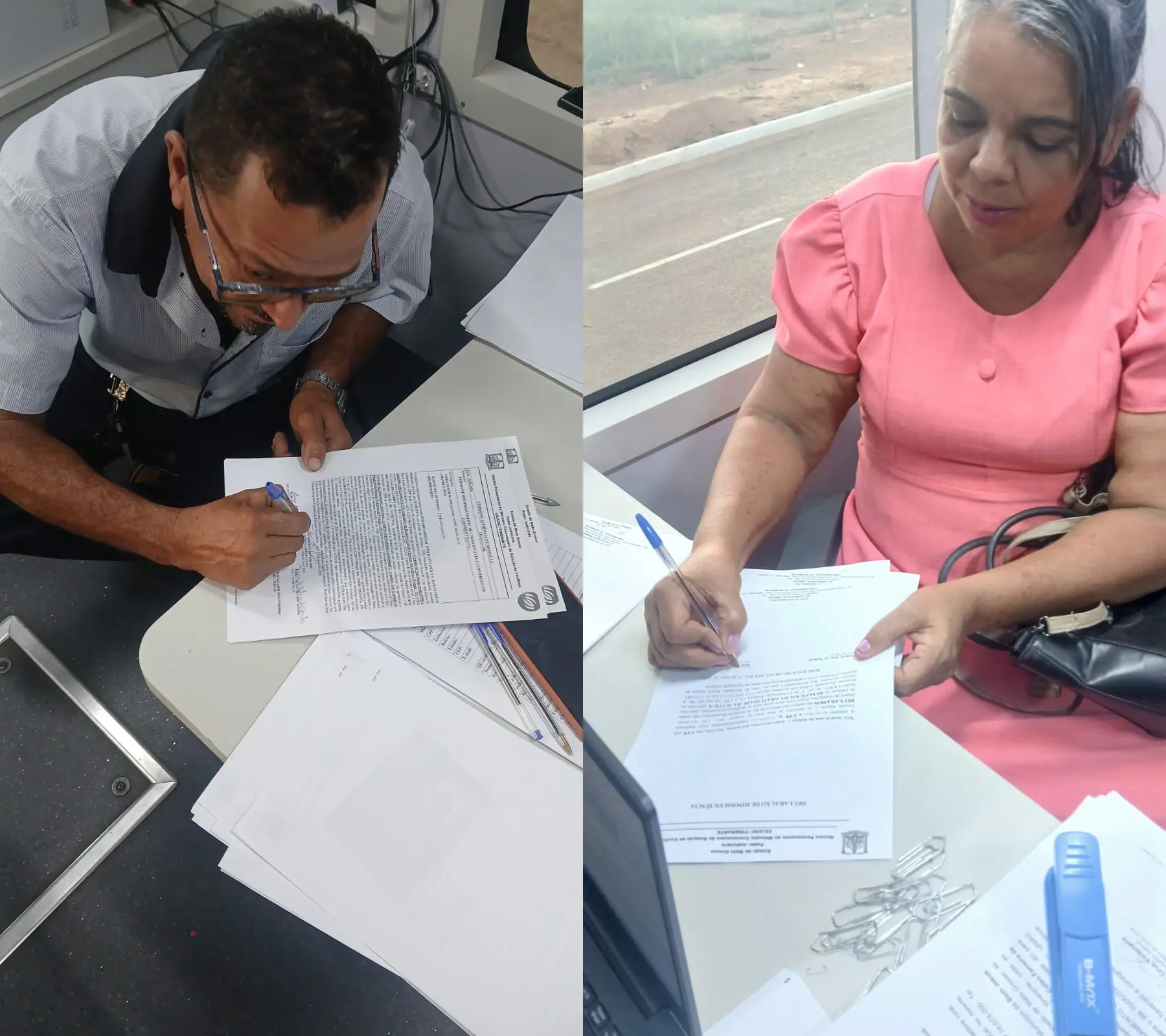 Montagem com duas fotos mostrando um homem e uma mulher, separadamente, debruçados sobre mesas brancas enquanto assinam formulários impressos com canetas azuis.