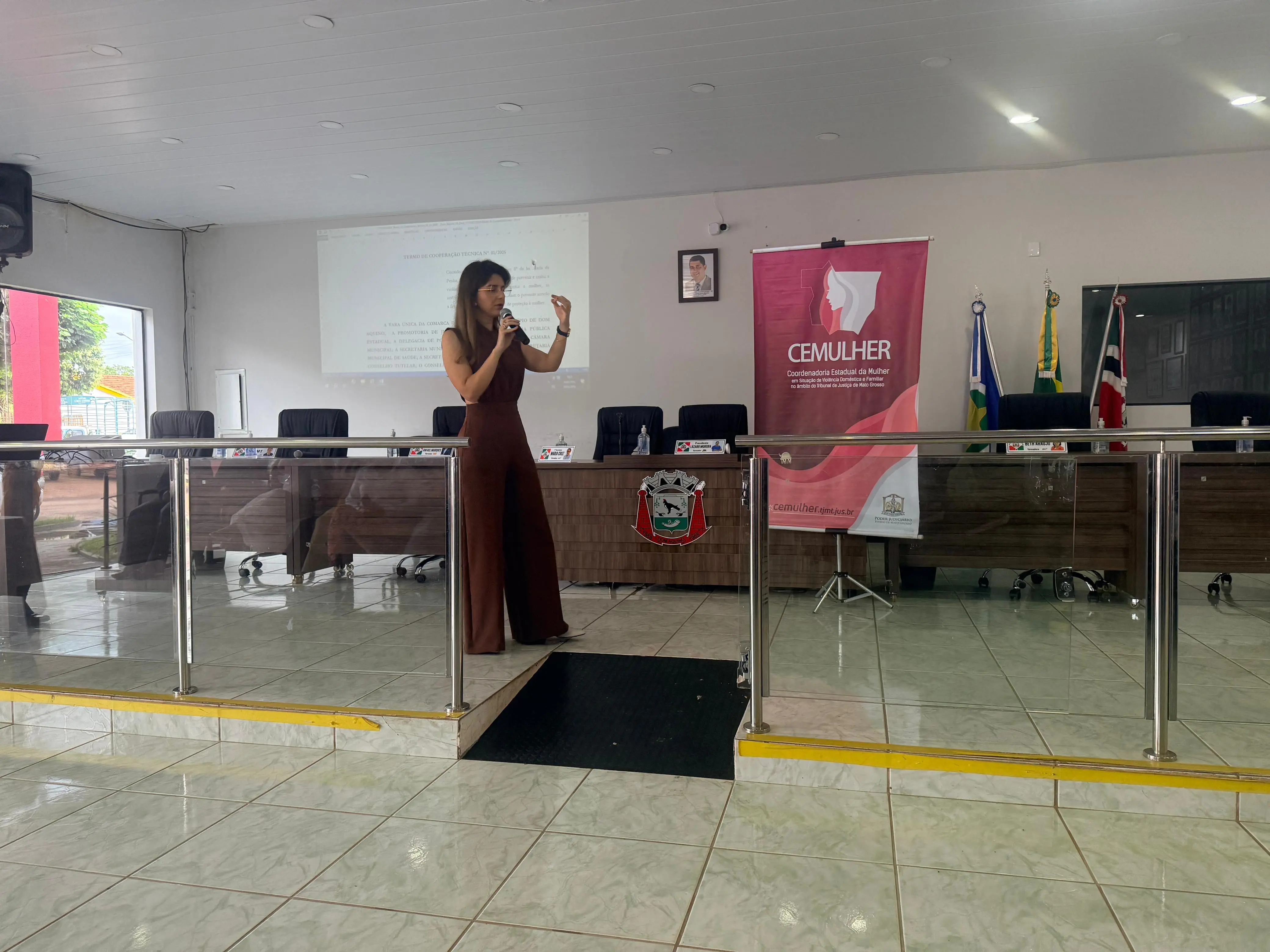 Uma mulher de cabelos escuros, vestida com macacão marrom, fala ao microfone diante de uma projeção em tela. Ao lado, banner rosa da Cemulher.