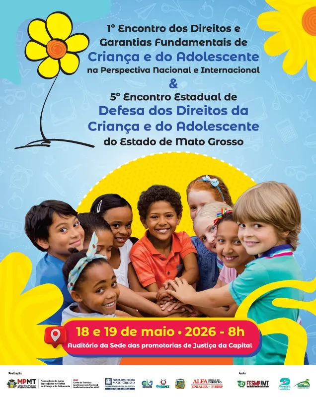 Arte gráfica divulga encontro sobre direitos da criança e do adolescente. Crianças de diferentes etnias aparecem sorrindo com as mãos unidas ao centro da imagem colorida.