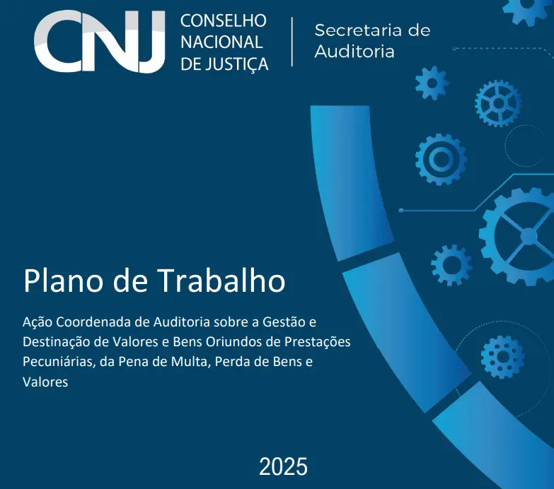 Esta imagem é a capa do "Plano de Trabalho 2025" do CNJ, focado na auditoria da gestão e destinação de valores e bens penais. O fundo azul traz o logo do conselho e desenhos de engrenagens mecânicas.