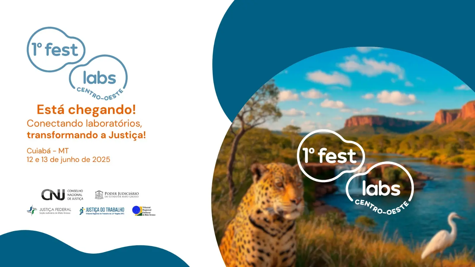 Imagem do banner de divulgação do 1º Fest Labs Centro-Oeste om as informações de local e data, logomarcas dos realizadores e, no lado direito, imagem que representa a região, como um rio, a Chapada dos Guimarães, uma onça e uma garça branca.