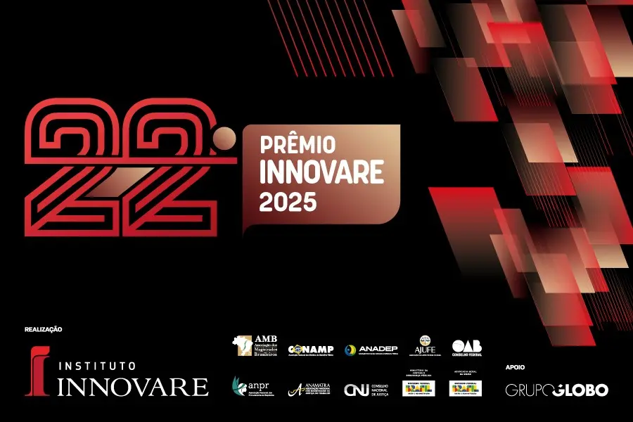 Arte do 22º Prêmio Innovare, nas cores preto e vermelho, com a logomarca de todos os realizadores do rodapé.
