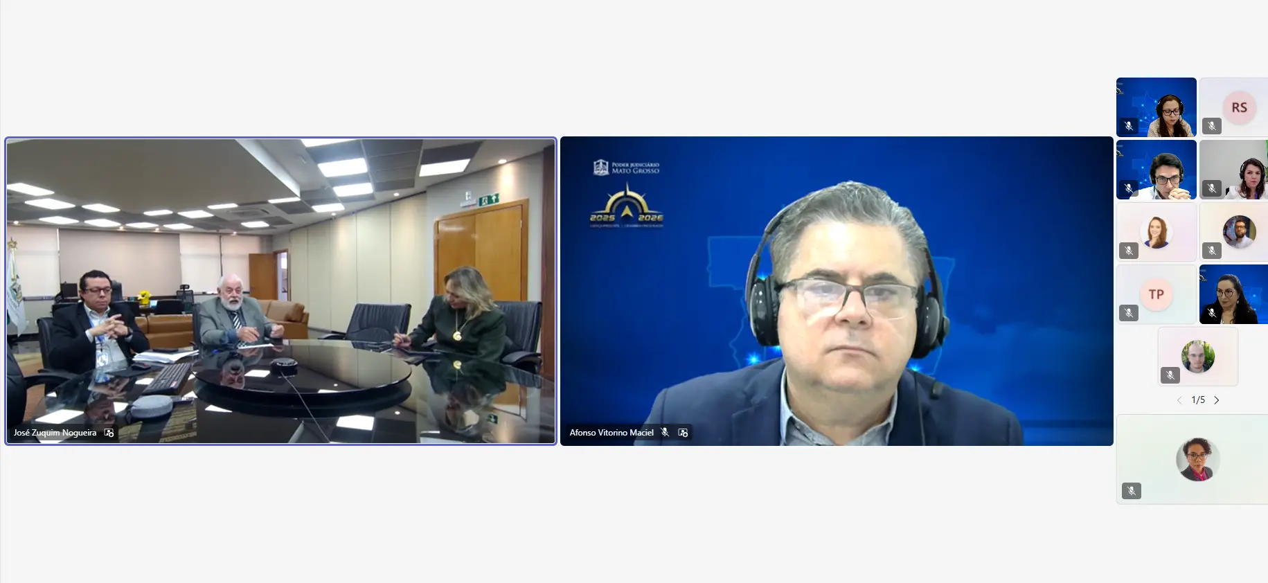 Print de tela da reunião on-line, onde aparecem o presidente do TJMT, desembargador José Zuquim Nogueira; diretor-geral, Flávio de Paiva; vice-diretora geral, Renata Bueno; coordenador de Planejamento, Afonso Maciel. Demais participantes aparecem em quadros menores no lado direito da tela.