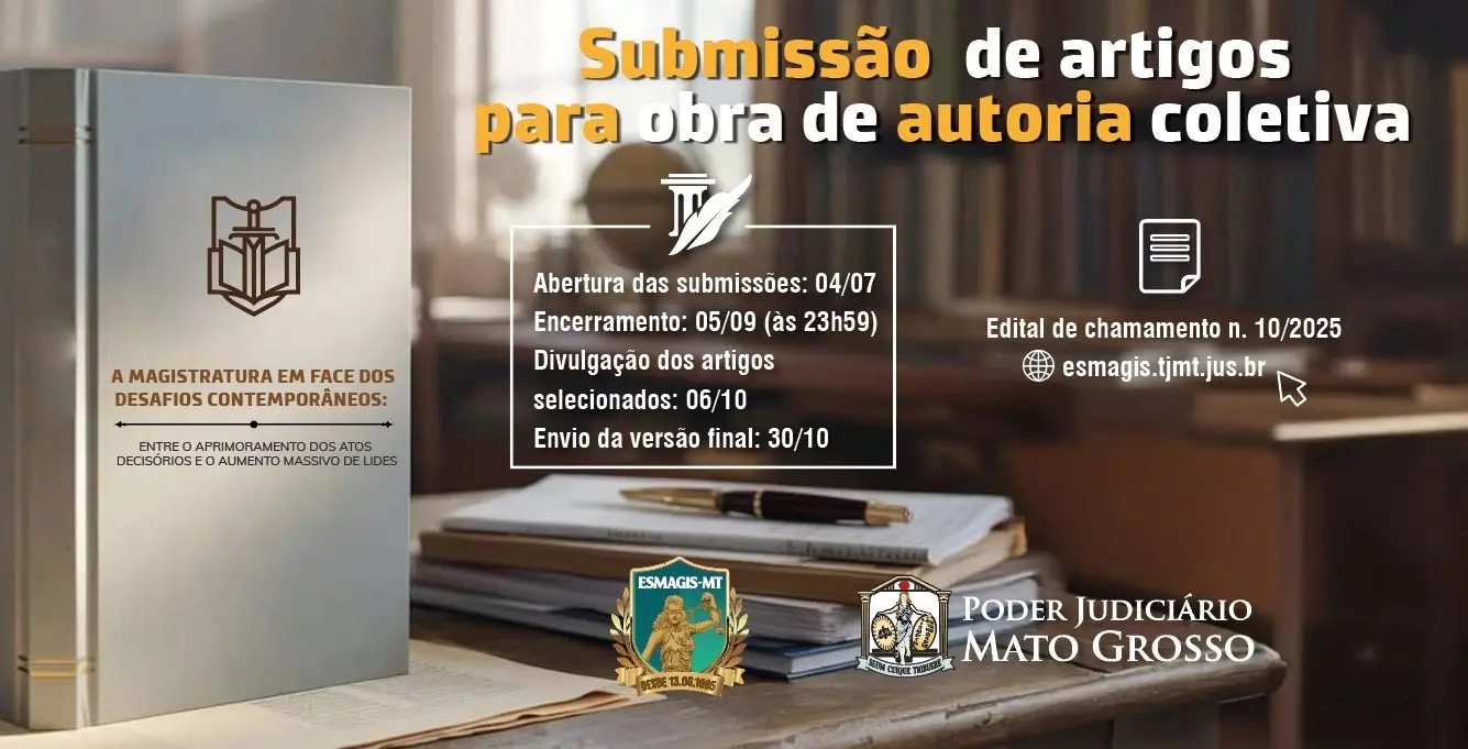 Peça publicitária colorida e horizontal. Imagem de uma coletânea de livros sobre uma mesa. Ao lado, livros e uma caneta. Ao fundo, biblioteca. Em primeiro plano, informações sobre a ação: Submissão de artigos para obra de autoria coletiva.