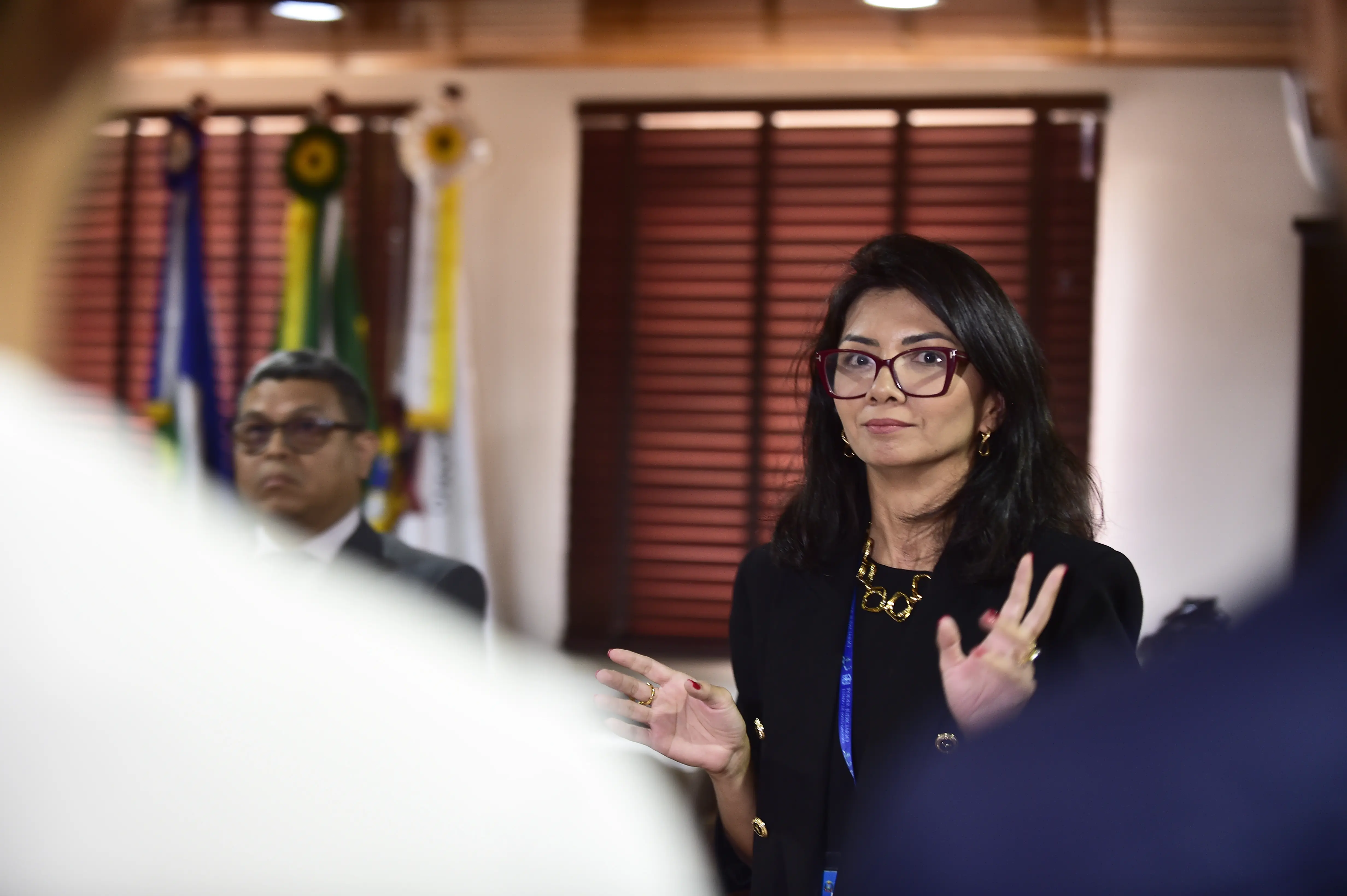 Servidora Silvia Okabe. Ela usa óculos, cabelos soltos e roupas formais fala para o público. Atrás dela, bandeiras e um homem de terno acompanham atentos. Expressão séria e gestos com as mãos indicam explicação