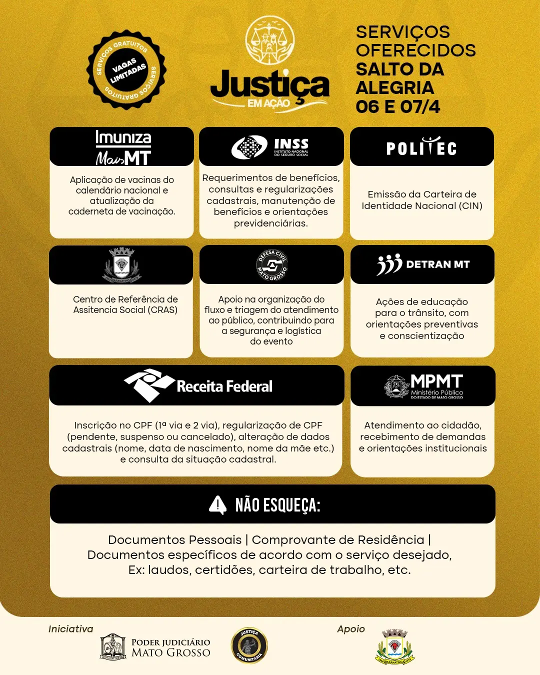 Arte do Justiça em Ação com a tabela de serviços que serão oferecidos. A arte tem as cores predominantes dourado, preto e bege.