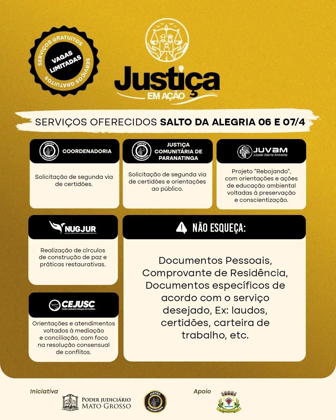 Arte do Justiça em Ação com a tabela de serviços que serão oferecidos. A arte tem as cores predominantes dourado, preto e bege.