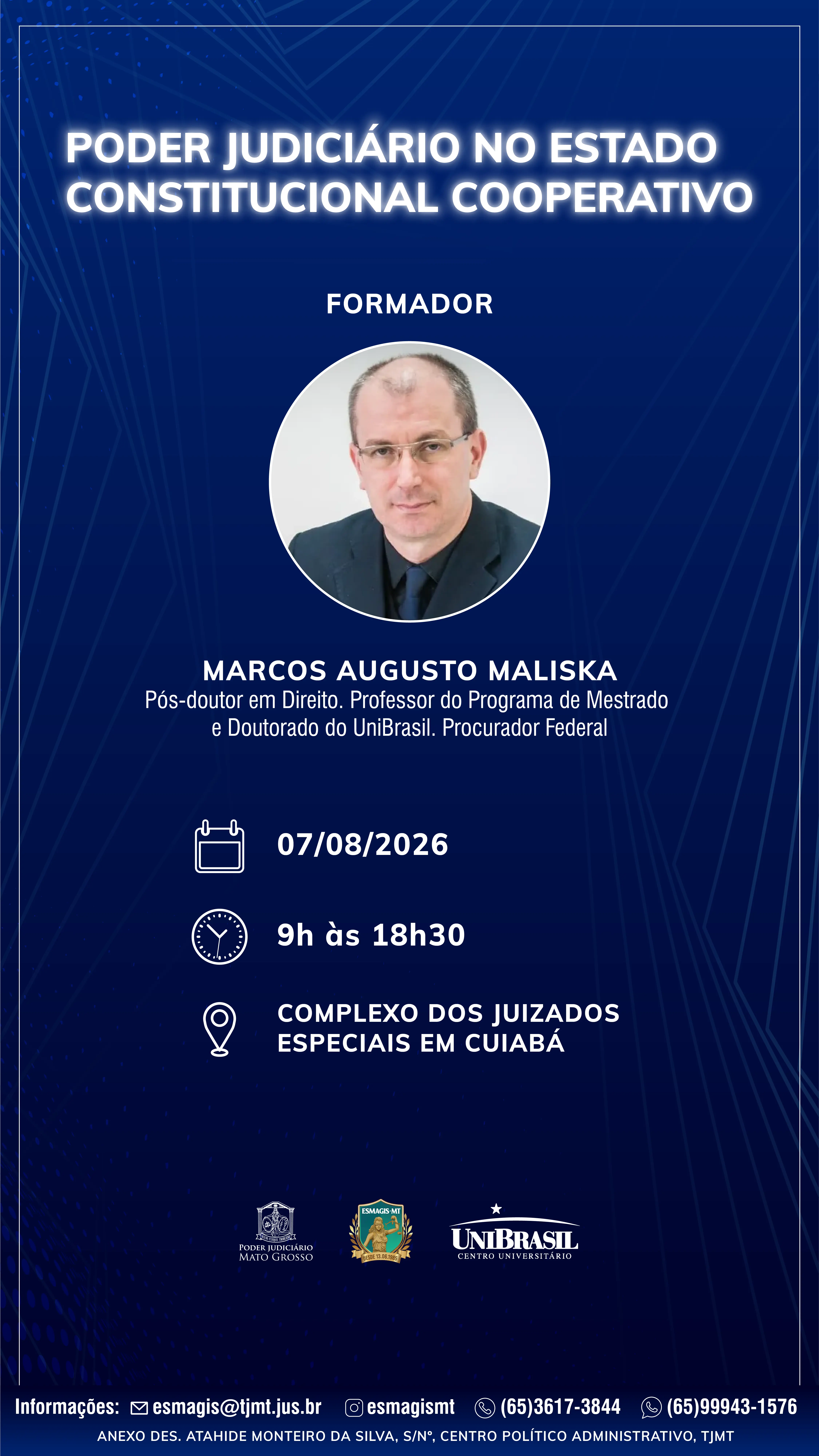 Arte de divulgação de curso com fotografia de uma pessoa sentada e informações do evento. O material destaca o tema