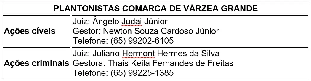 Quadro intitulado "Plantonistas comarca de Várzea Grande" que mostra os magistrados e gestores judiciais plantonistas na Comarca de Várzea Grande, nos dias 22 e 23 de agosto de 2026.