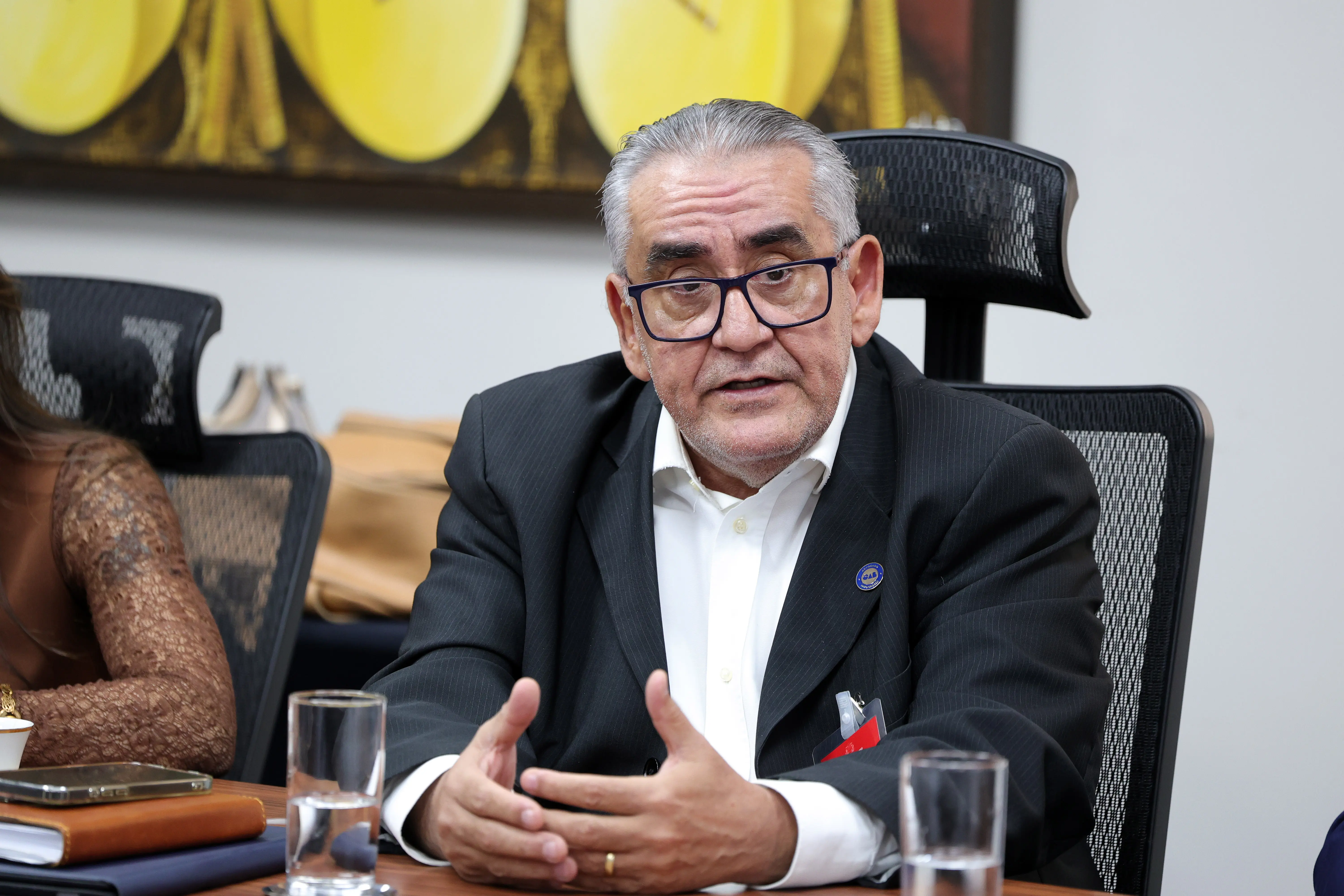 Homem de cabelos grisalhos, óculos de grau azul e terno cinza, com pin da OAB na lapela, fala gesticulando com as mãos durante reunião.