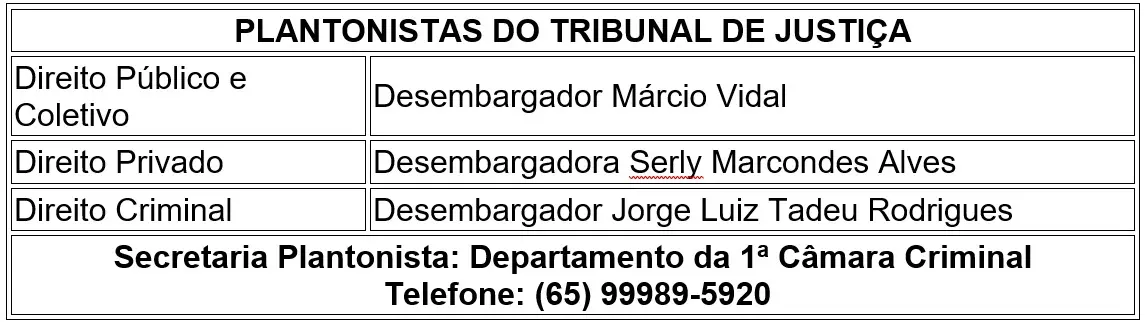 Quadro intitulado "Plantonistas do Tribunal de Justiça", que mostra os desembargadores do TJMT de plantão nos dias 22 e 23 de agosto de 2026.