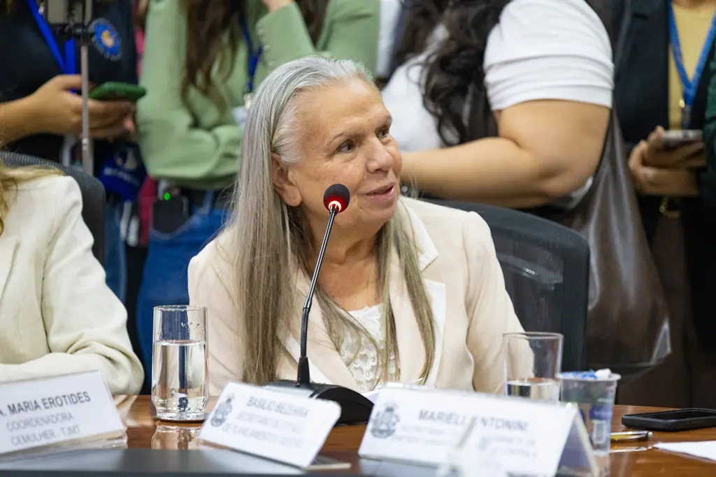 Foto horizontal colorida que mostra a desembargadora Maria Erotides Kneip falando ao microfone, sentada em volta de uma mesa de reuniões. ela é uma senhora branca, de cabelos longos, lisos e grisalhos, usando blusa branca e blazer bege.