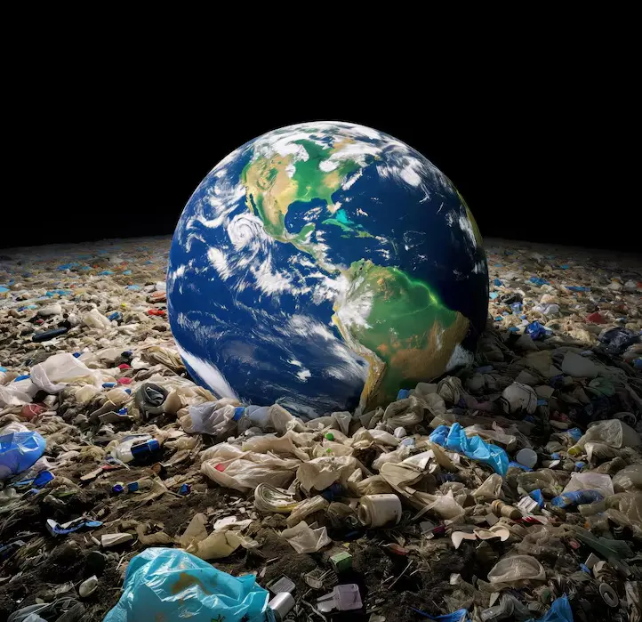 Imagem mostra o planeta Terra sobre uma extensa camada de lixo composta por sacolas, garrafas e outros resíduos plásticos. O fundo é escuro, o que destaca o globo terrestre iluminado no centro da cena. A composição faz referência ao impacto da poluição e do descarte inadequado de resíduos.