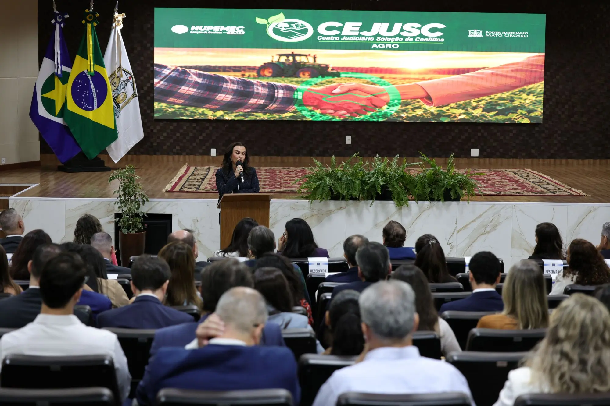 Foto horizontal em plano aberto que mostra o auditório do TJMT cheio de pessoas assistindo a palestra da desembargadora Anglizey de Oliveira, que está à frente, falando ao microfone, no púlpito. No telão, aparece uma arte do Cejusc do Agro.