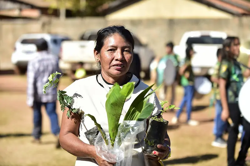 Foto que mostra uma mulher com traços bolivianos segurando várias mudas de plantas, entre bananeira, coqueiro, tamarindo. Ela usa blusa branca e está em um campo. Atrás, há movimentação de pessoas.