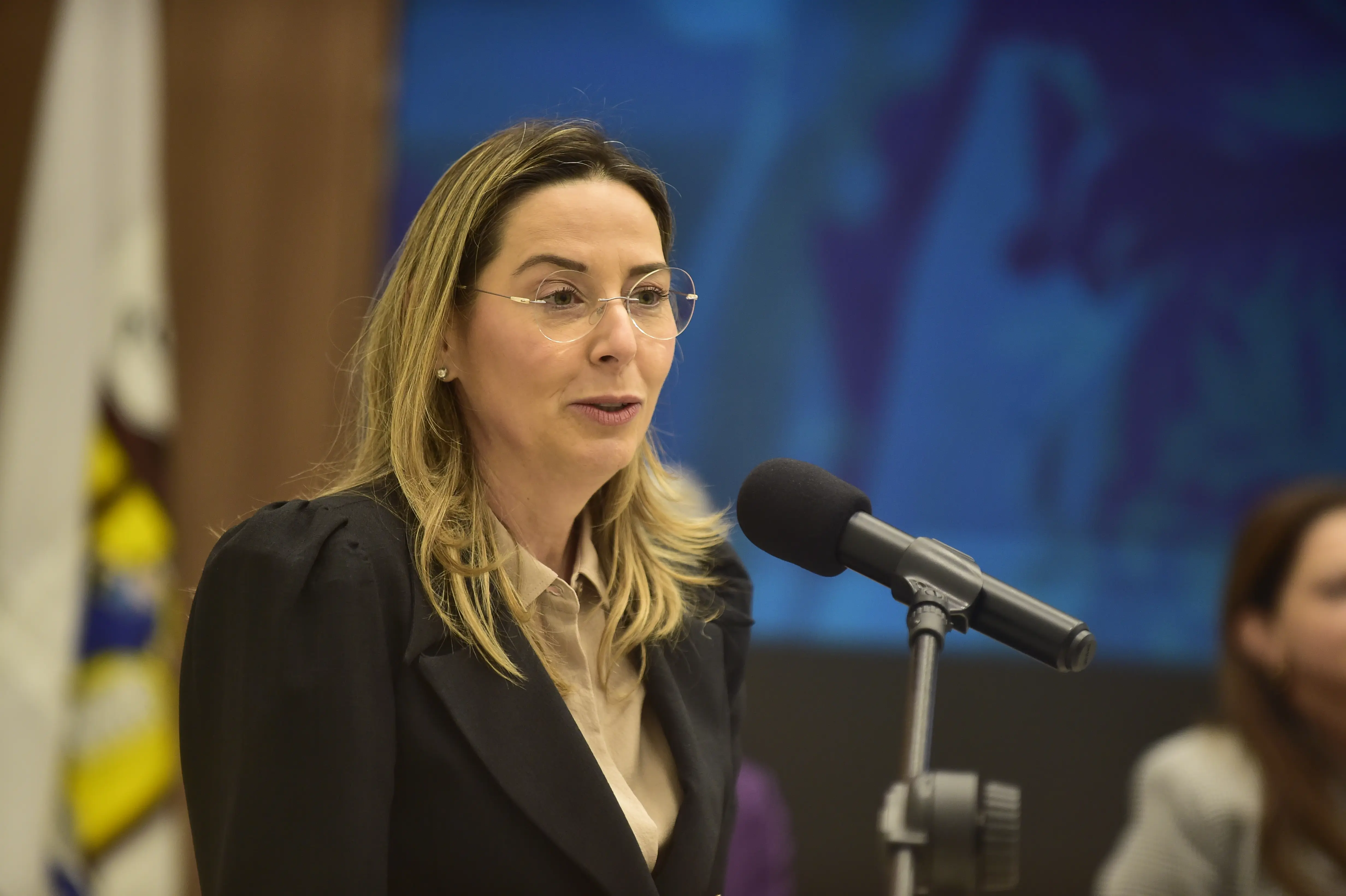 Uma mulher de óculos, cabelos loiros e blazer escuro fala ao microfone. Ela está em um ambiente interno, com um fundo desfocado que parece ser uma tela azul e uma bandeira branca. A imagem foca no rosto da mulher, que expressa concentração.