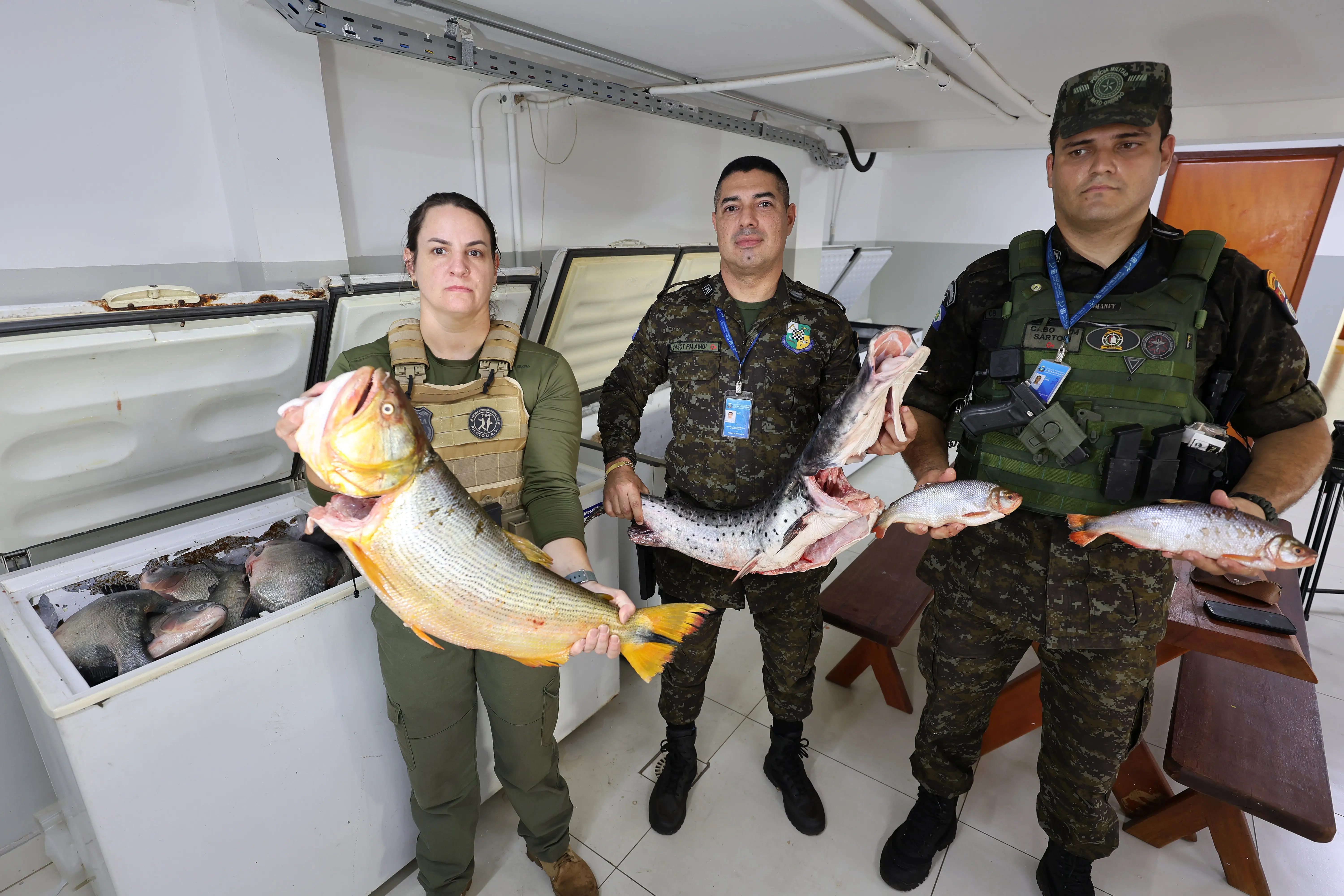 Três agentes de fiscalização ambiental posam em uma sala ao lado de freezers com peixes apreendidos. Eles seguram exemplares de diferentes espécies durante operação conjunta de combate à pesca irregular realizada em Cuiabá. Ao fundo, os freezers abertos exibem parte do pescado apreendido.