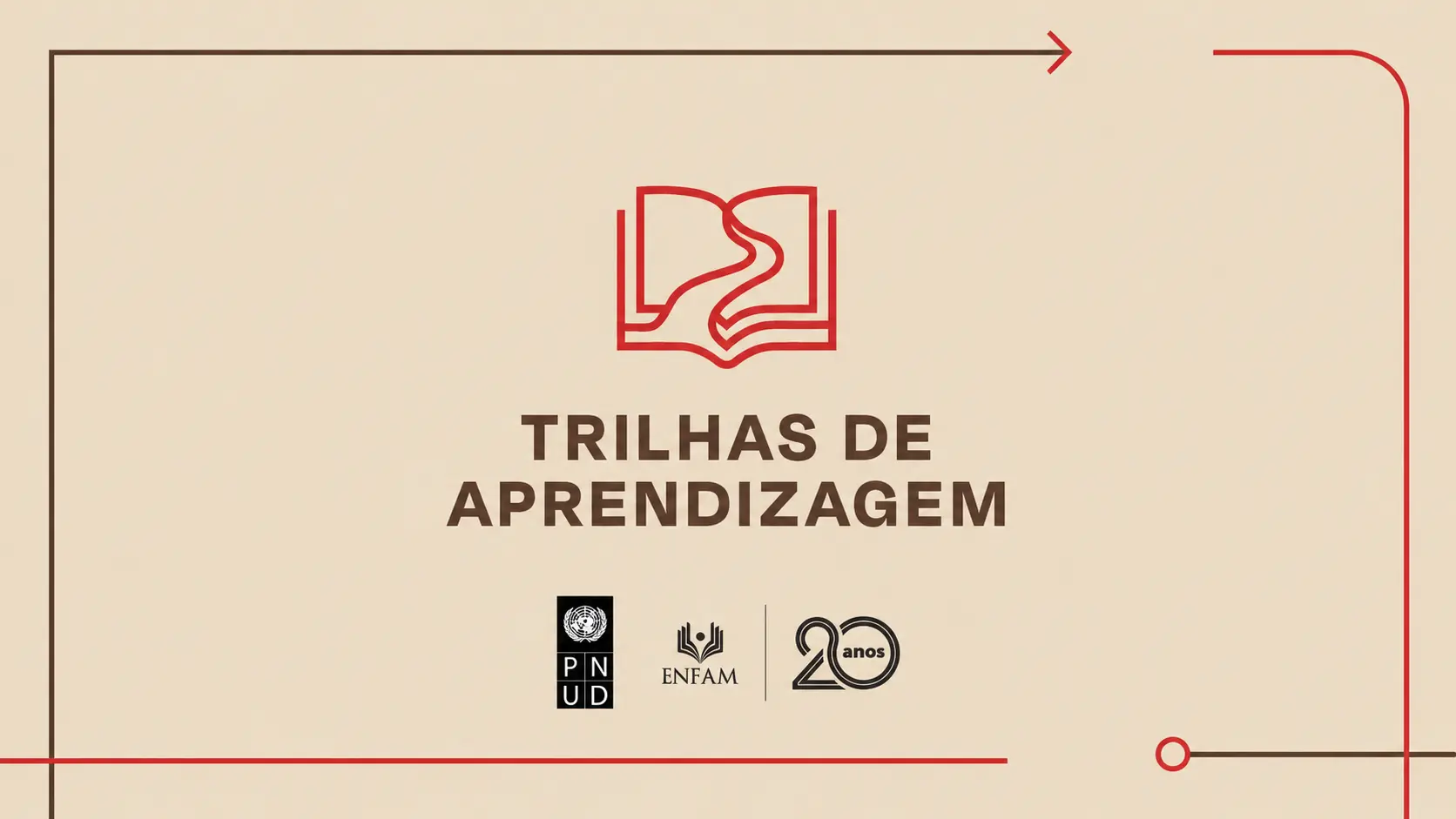 Cartaz colorido e digital para divulgação de curso. Ao centro, imagem estilizada de um livro, escrito abaixo Trilhas de Aprendizagem. Logos PNUd e Enfam.