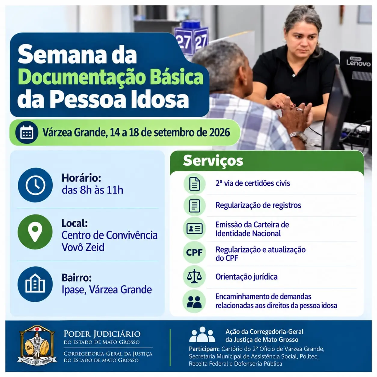 Card informa a Semana da Documentação Básica da Pessoa Idosa, com datas, horário, local, serviços oferecidos e órgãos participantes.