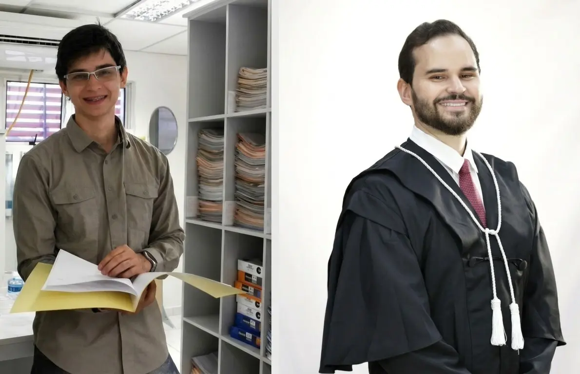 Colagem de duas fotos de Israel Tibes. Do lado esquerdo, ele com 18 anos de idade, estagiário no gabinete. Do lado direito, ele juiz, de toga.