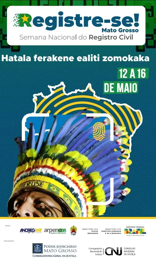Cartaz da Campanha Registre-se. Na imagem podemos ver ao fundo um mapa do Brasil, com uma digital dentro e a cabeça de um homem da população indígena Pareci, com pintura no rosto e um cocar na cabeça