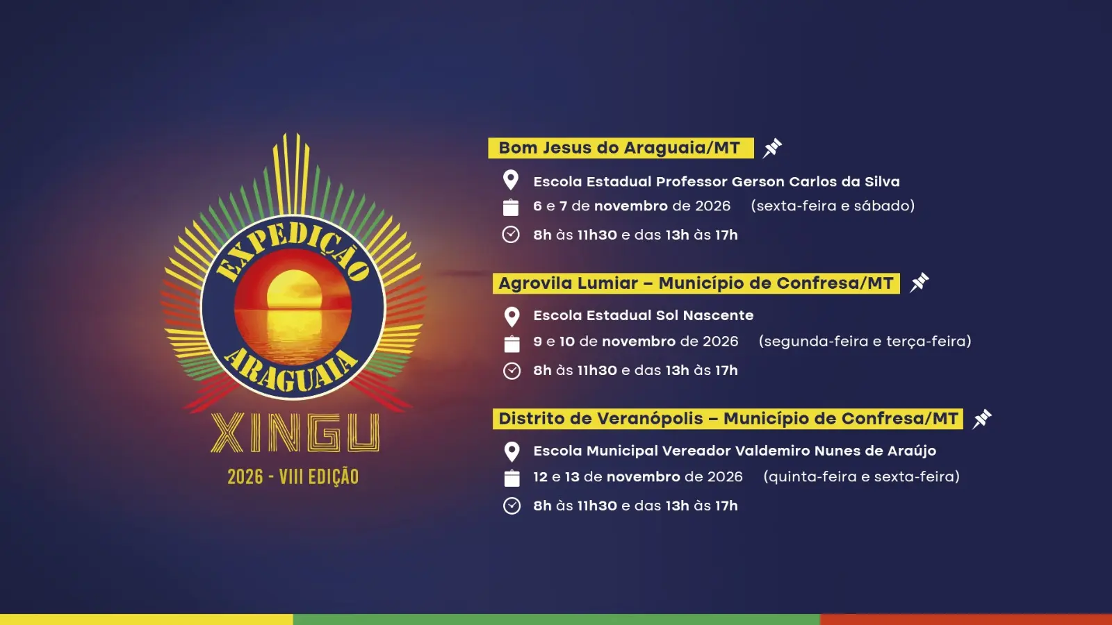 Card informativo sobre a "Expedição Araguaia Xingu - VIII Edição (2026)". À esquerda, a marca do evento. À direita, a programação com locais, datas de novembro de 2026 e horários das atividades.