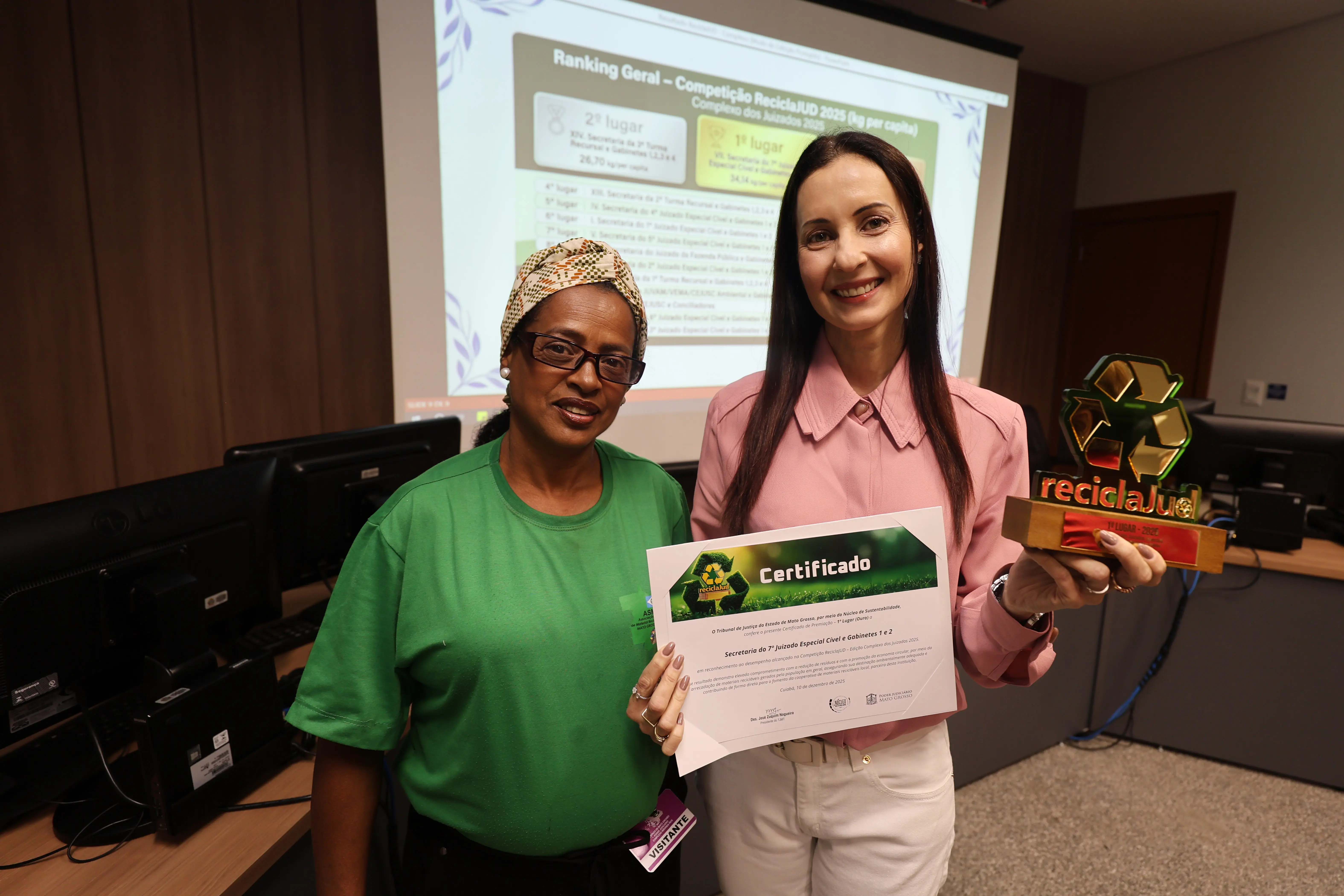 Duas mulheres posam em sala de reuniões do TJMT, diante de tela projetada com ranking do ReciclaJud. À esquerda, servidora com camiseta verde e turbante estampado; à direita, mulher de camisa rosa segurando troféu e certificado. Ambiente corporativo com computadores.