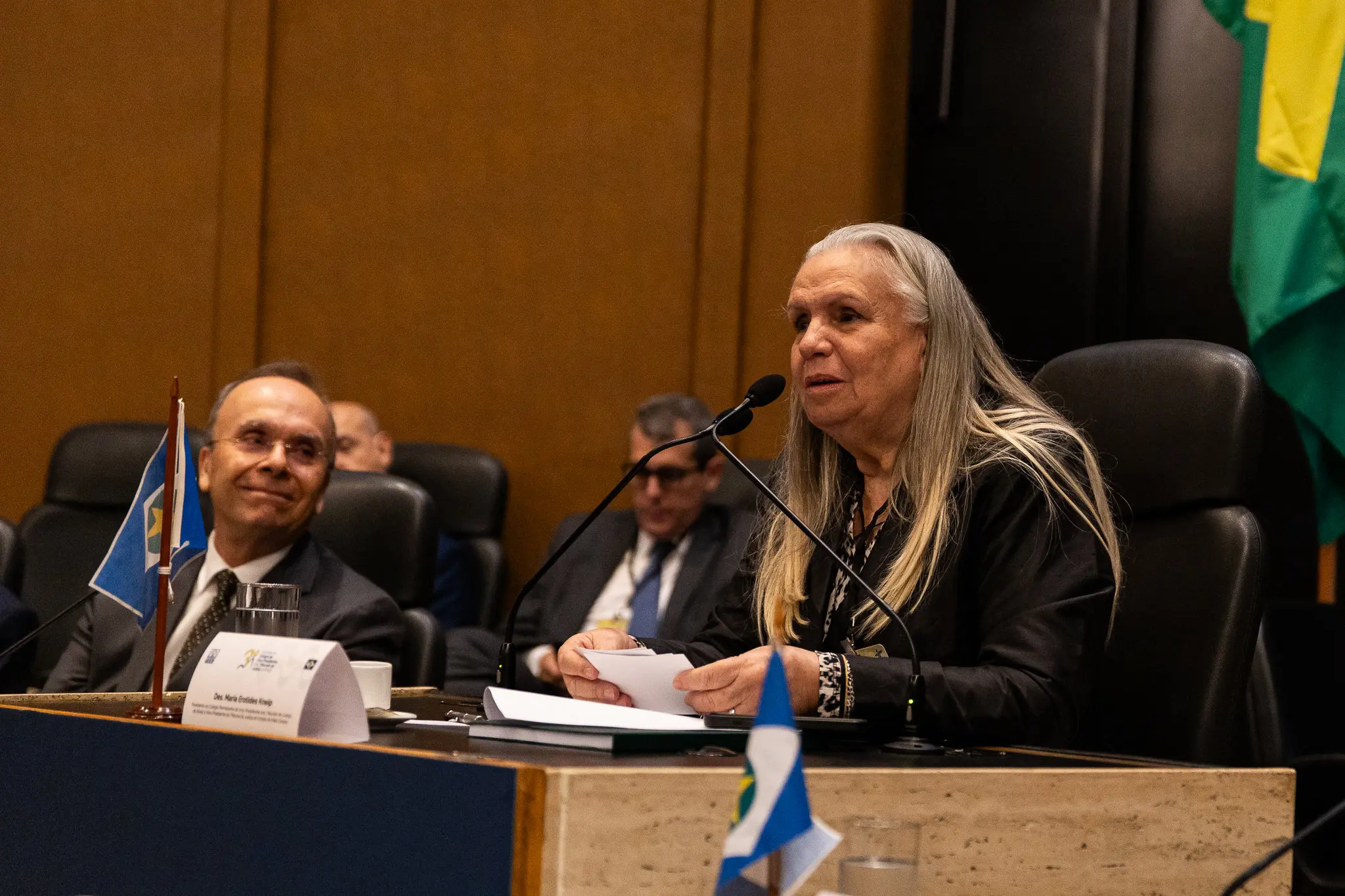 Presidente do CPVIP, desembargadora Maria Erotides Kneip fala ao microfone, segurando um papel nas mãos. Ela está sentada na mesa de autoridades do evento, ao lado do presidente do TJRJ. ela é uma senhora branca, de cabelos longos, lisos e grisalhos, usando roupa preta.