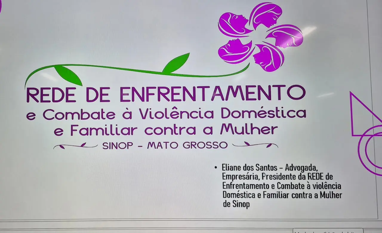 Um slide com fundo branco exibe o título "Rede de Enfrentamento e Combate à Violência Doméstica e Familiar contra a Mulher" em roxo e verde. Inclui o local "Sinop - Mato Grosso" e informações da presidente.
