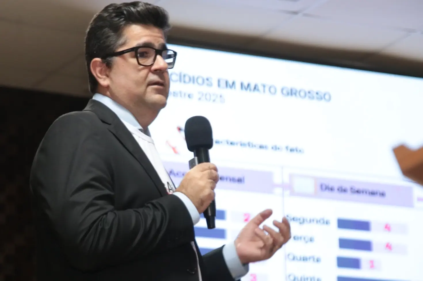 Juiz Marcos Terêncio fala de estatísticas de violência contra a mulher em capacitação para professores. Ele é um homem branco, usa camisa branca, blaser preto, óculos de grau com armação preta e segura microfone com mão direita