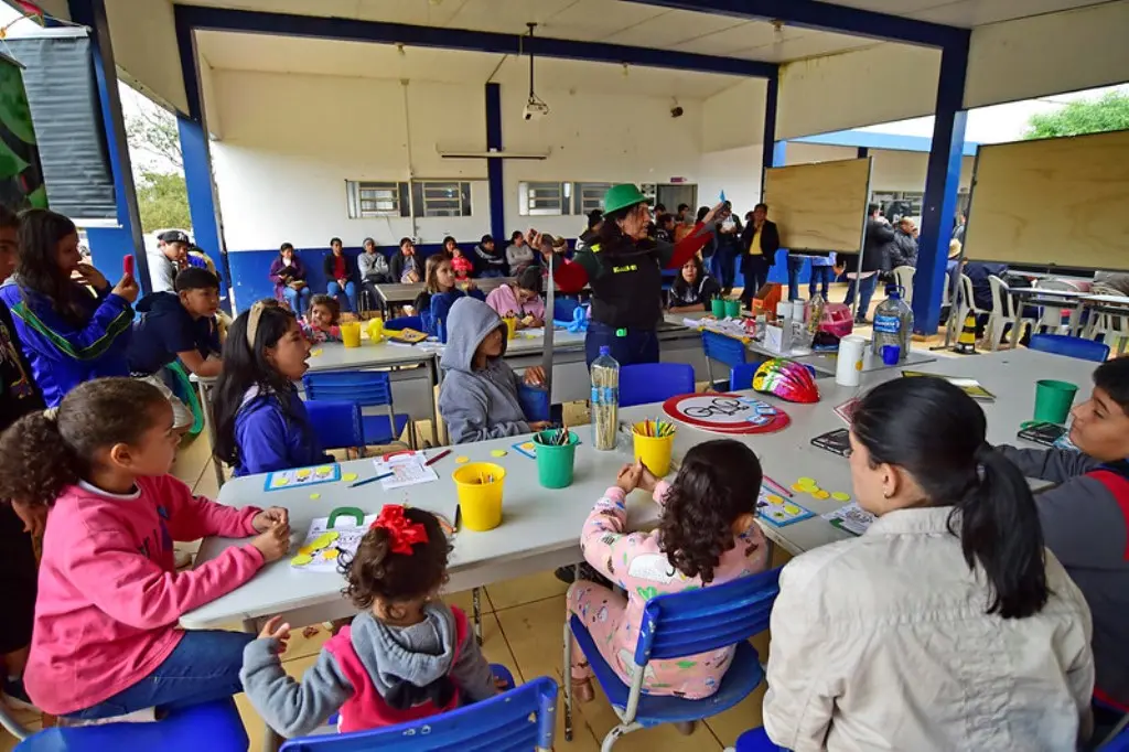 Pátio de uma escola com mesas e cadeiras onde ocorre oficina de pintura da equipe pedagógica do Detran.