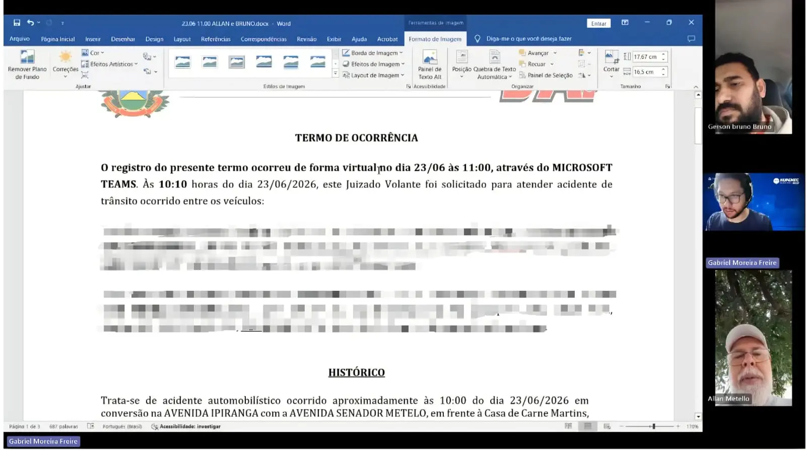 Print de tela que mostra videoconferência do SAI Virtual e, em destaque na tela, termo de ocorrência do acordo firmado após atendimento. No lado esquerdo, em telas menores, aparecem os três participantes da audiência virtual.