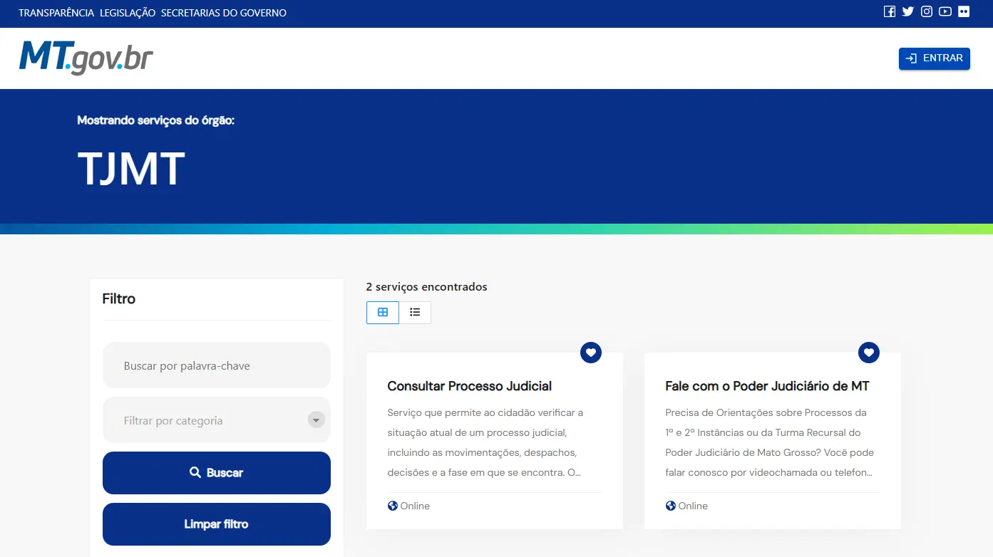 Página do portal MT.gov.br exibe serviços do TJMT. Entre eles, consultar processo judicial com movimentações e falar com o Poder Judiciário de MT, ambos disponíveis online. Layout em azul e branco.