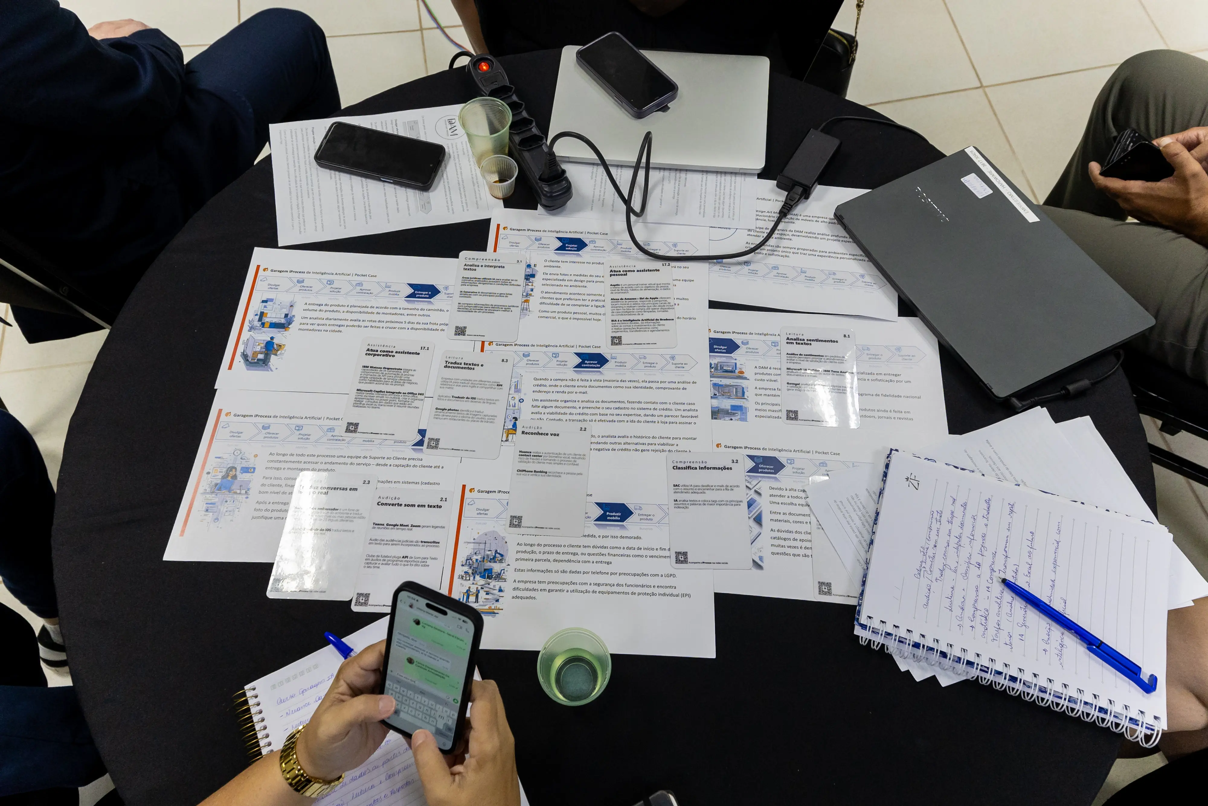 Mesa com materiais da dinâmica: folhas impressas sobre Inteligência Artificial, celulares, notebook, bloco de anotações e copos plásticos. Participantes registram informações durante atividade prática.