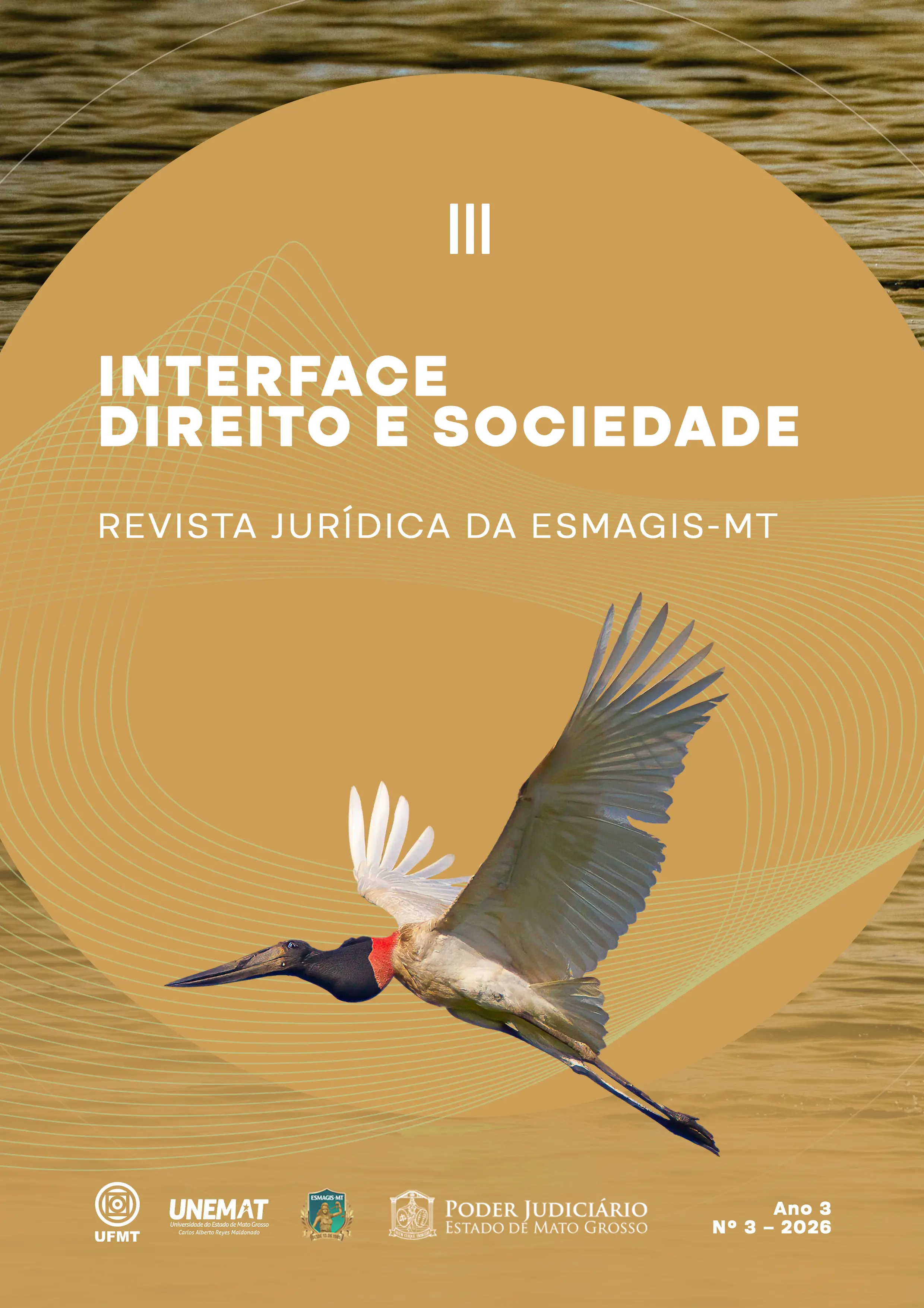 Arte vertical da capa da Revista Interface Direito e Sociedade - Revista Jurídica da Esmagis-MT. A capa tem a cor predominante amarela com uma grande esfera tomando todo o espaço, simbolizando o sol, e um tuiuiu voando. Na parte inferior, as logomarca dos realizadores da revista.