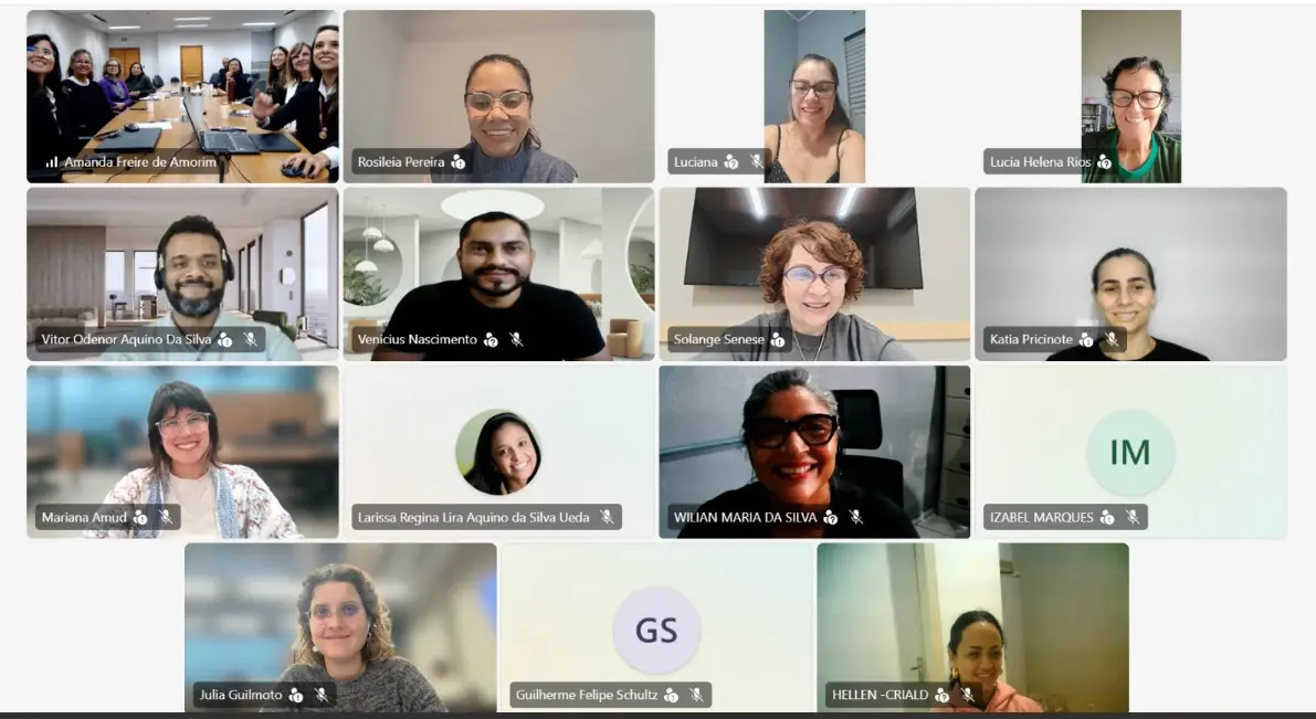 Captura de tela de uma reunião virtual com treze participantes organizados em uma grade. Os membros aparecem em janelas individuais, alguns com câmeras ativadas e outros representados por iniciais.