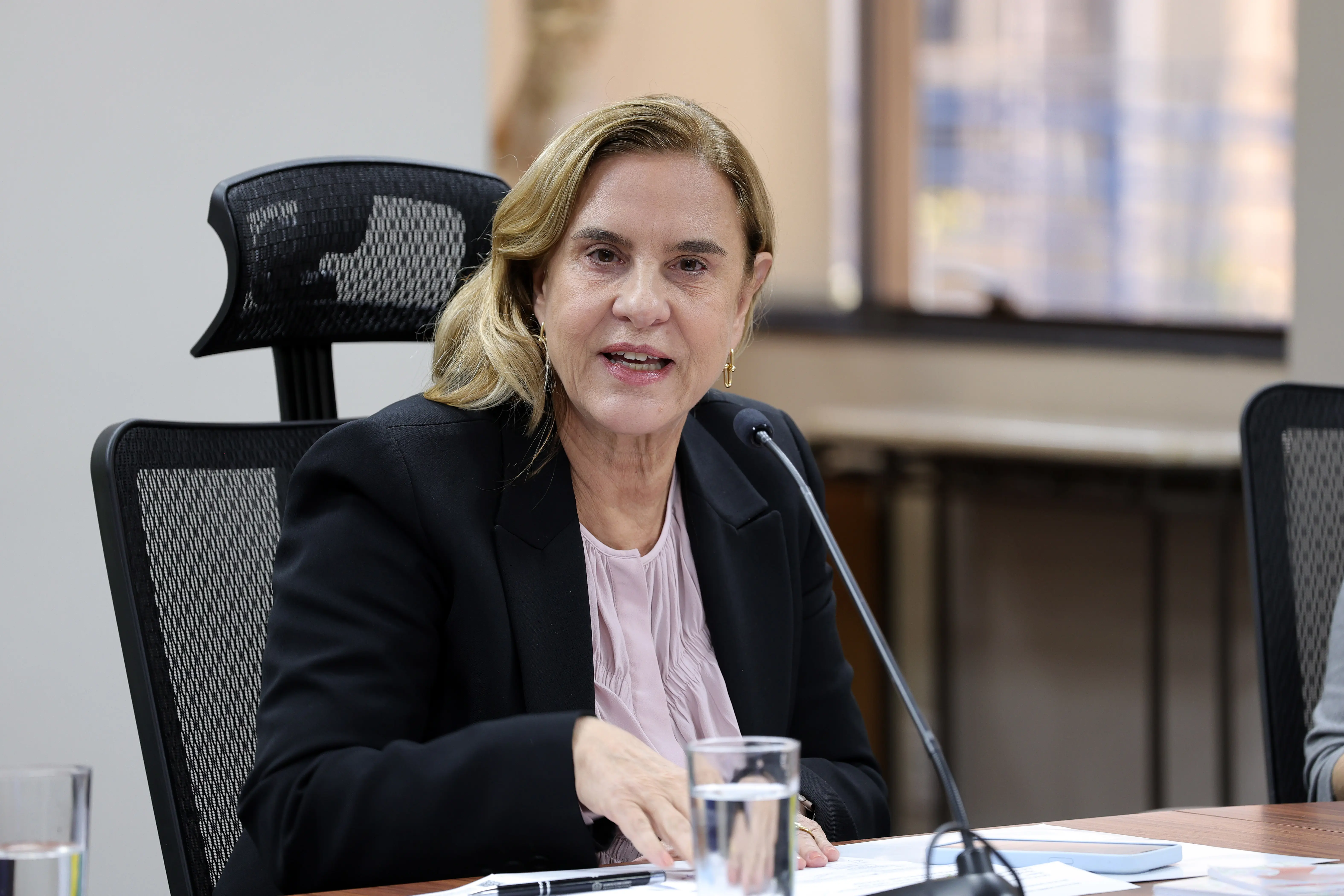 Mulher de cabelos loiros ondulados e blazer preto fala ao microfone apoiado sobre a mesa de madeira. Ela vestida com blusa rosa-claro e usa óculos no pescoço. À frente, há copos com água e papeis.