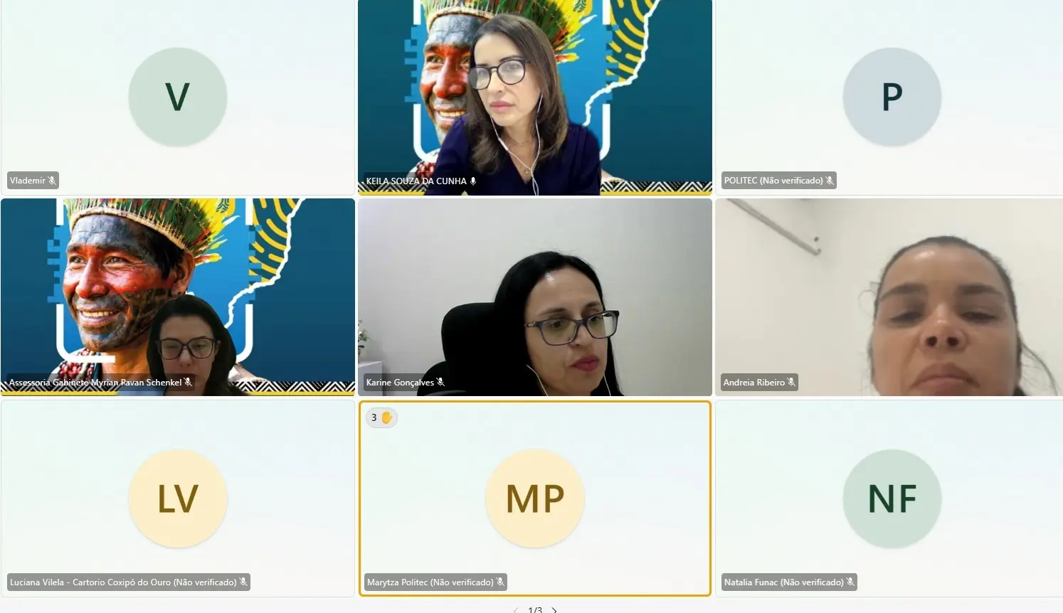 captura de tela de uma reunião virtual com nove participantes organizados em grade. Três câmeras estão abertas, mostrando mulheres em ambientes internos, uma delas com fundo temático indígena. Os demais participantes aparecem com iniciais em círculos coloridos.