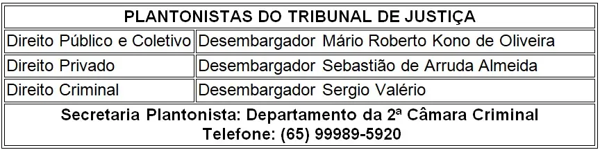 Tabela cujo título é "Plantonistas do Tribunal de Justiça", com os nomes dos desembargadores e secretaria plantonistas e o número de telefone.