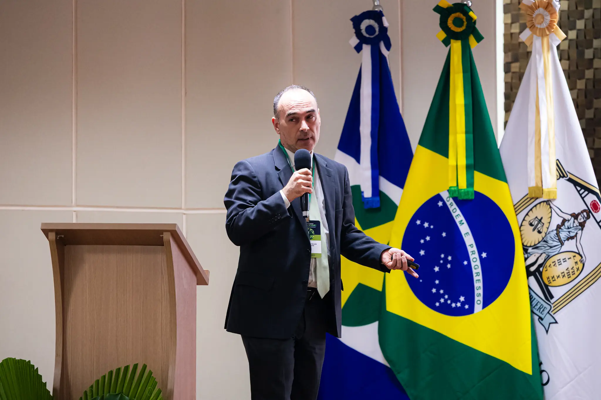 Homem careca, terno cinza-escuro e gravata clara, fala ao microfone com crachá pendurado, gesticula ao lado das bandeiras de MT, Brasil e do TJMT.
