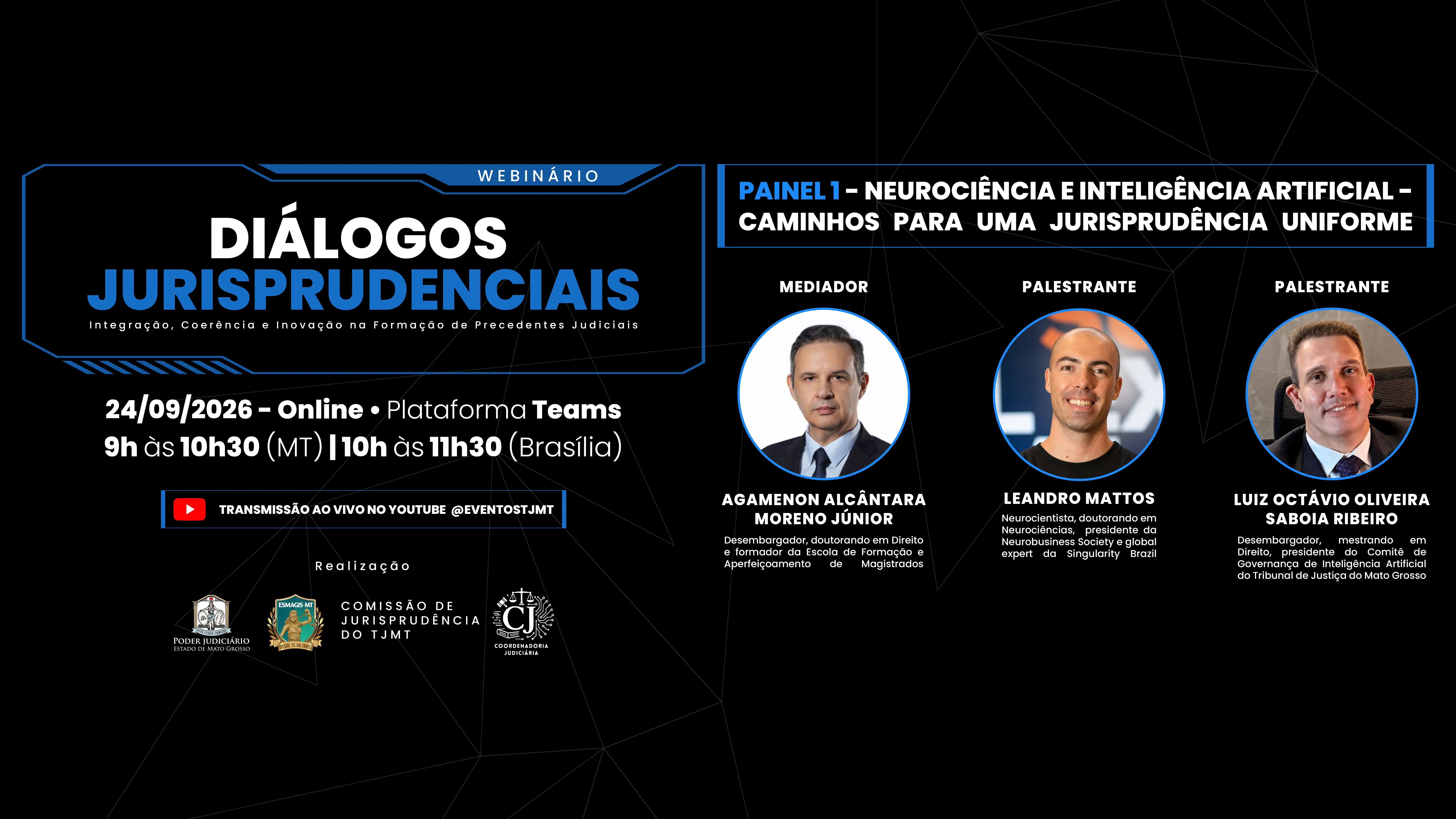 Arte de divulgação do evento Diálogos Jurisprudenciais. A imagem reúne informações sobre a programação, a data e os participantes, com retratos dos convidados em layout institucional e elementos gráficos sobre fundo escuro.
