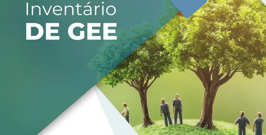 Arte gráfica com o título "Inventário DE GEE" sobre um fundo verde. À direita, uma imagem estilizada mostra pequenas figuras humanas sob duas árvores em um gramado circular iluminado