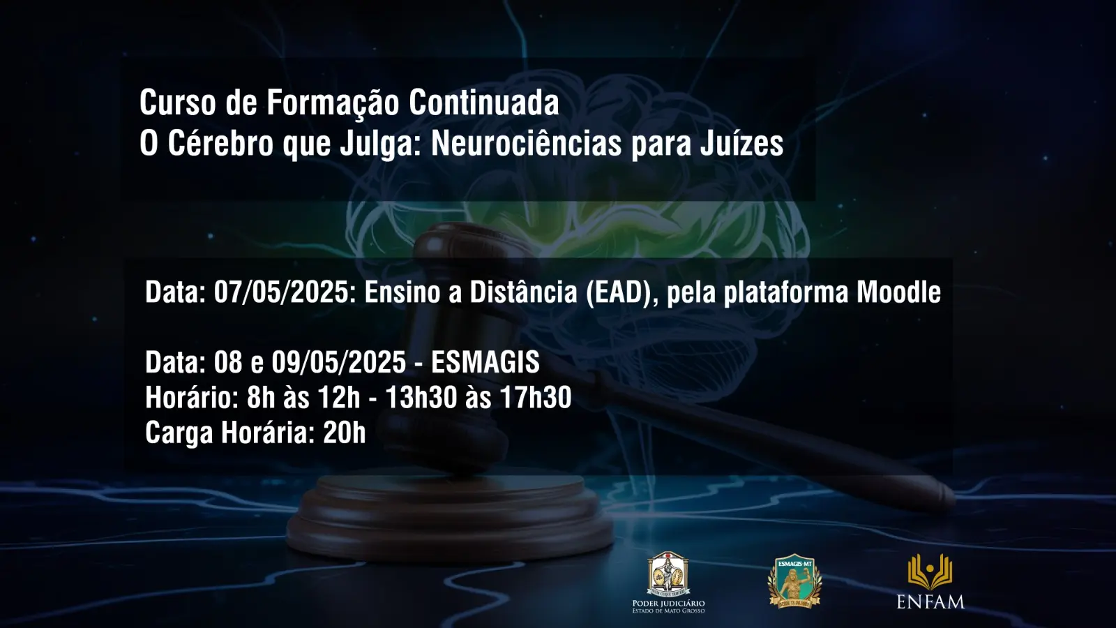 Arte colorida onde na parte superior está a imagem estilizada de um cérebro e um martelo de juiz. Sobre a imagem constam as informações do nome do curso, data, horário e carga-horária. Abaixo, uma pequena imagem do formador. Ele é um homem branco, de terno escuro e gravata vermelha
