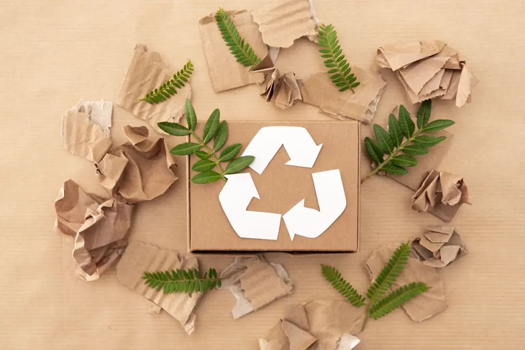 Caixa de papelão com símbolo da reciclagem no centro está cercada por pedaços de papel reciclável e folhas verdes. A composição destaca o reaproveitamento de materiais e práticas sustentáveis.