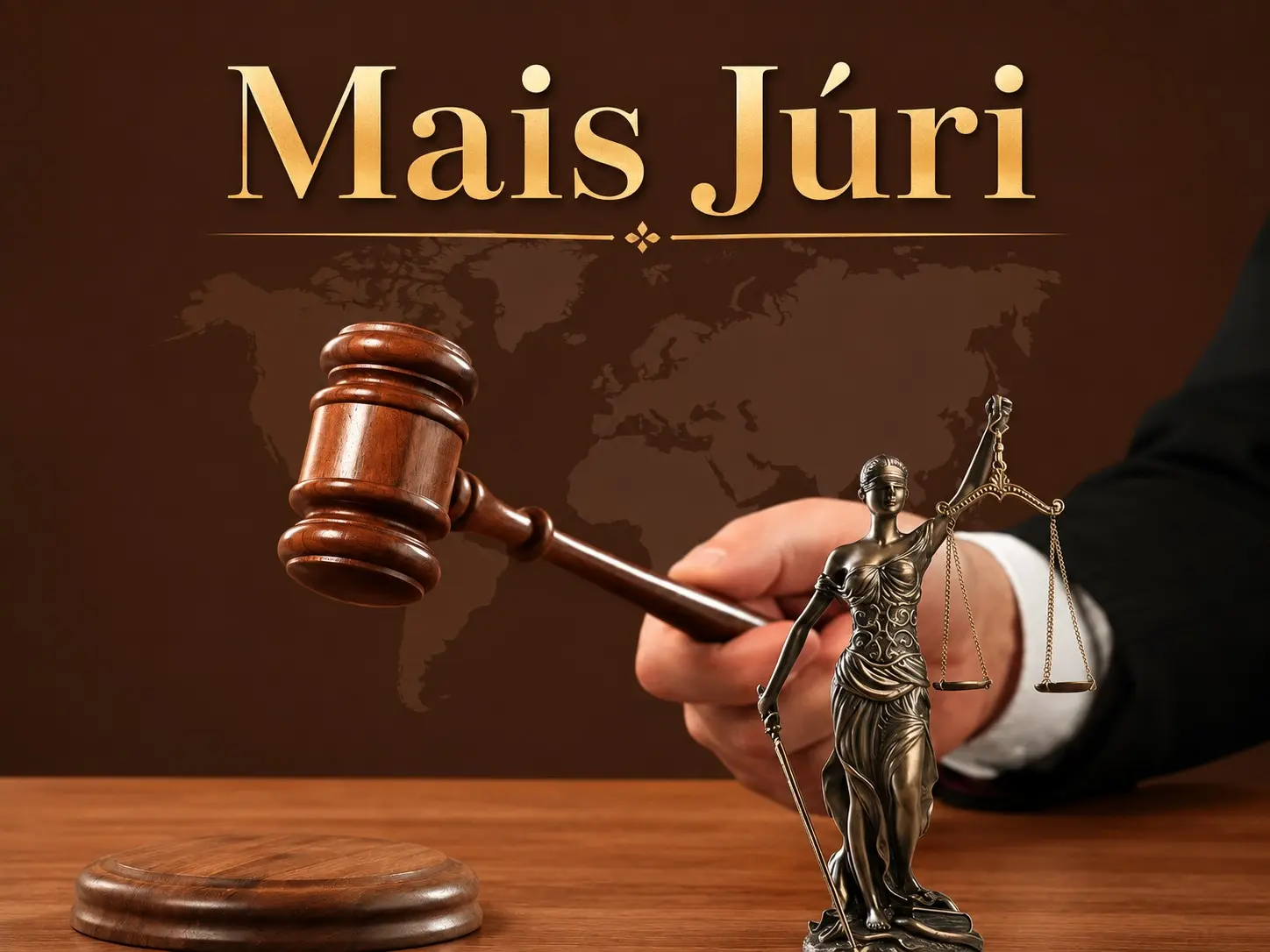 Imagem com fundo marrom e o título “Mais Júri” em letras douradas. Em primeiro plano, aparecem um martelo de juiz, uma estátua da Justiça segurando uma balança e uma mão segurando o martelo. Ao fundo, o mapa-múndi.