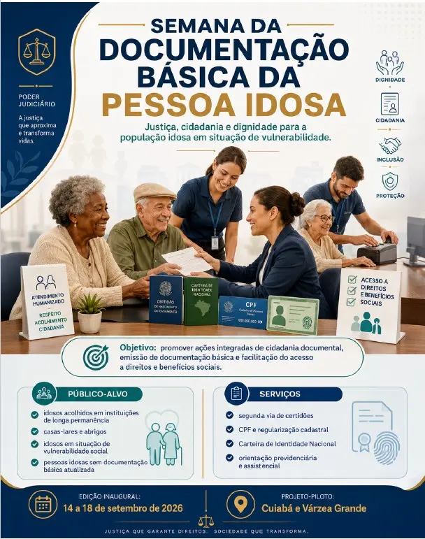 Card da Semana da Documentação Básica da Pessoa Idosa informa público-alvo, serviços oferecidos, objetivo da ação e datas do projeto-piloto em Cuiabá e Várzea Grande. 