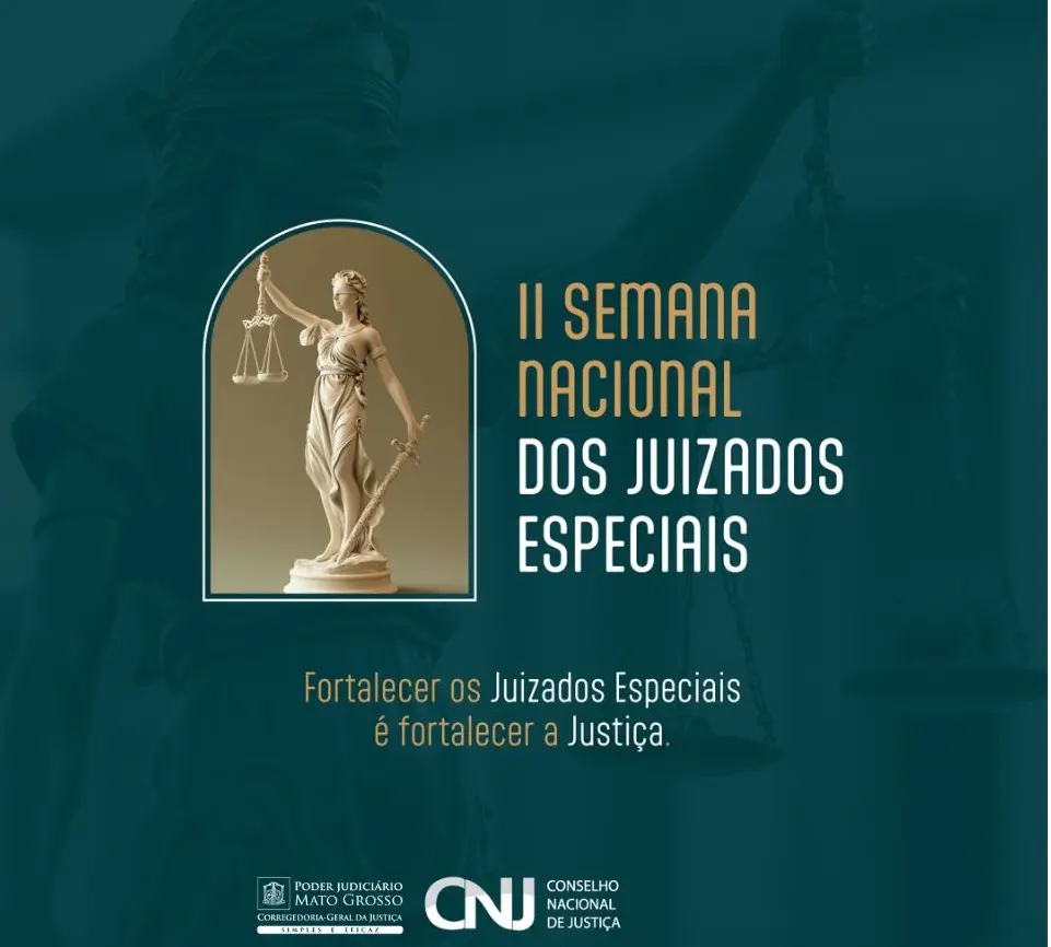Card institucional em fundo verde escuro com destaque para a campanha II Semana Nacional dos Juizados Especiais. À esquerda, há a imagem de uma estátua da deusa Têmis, símbolo da Justiça, com espada na mão direita e balança na esquerda. Ao fundo, a mesma estátua aparece em sombra desfocada