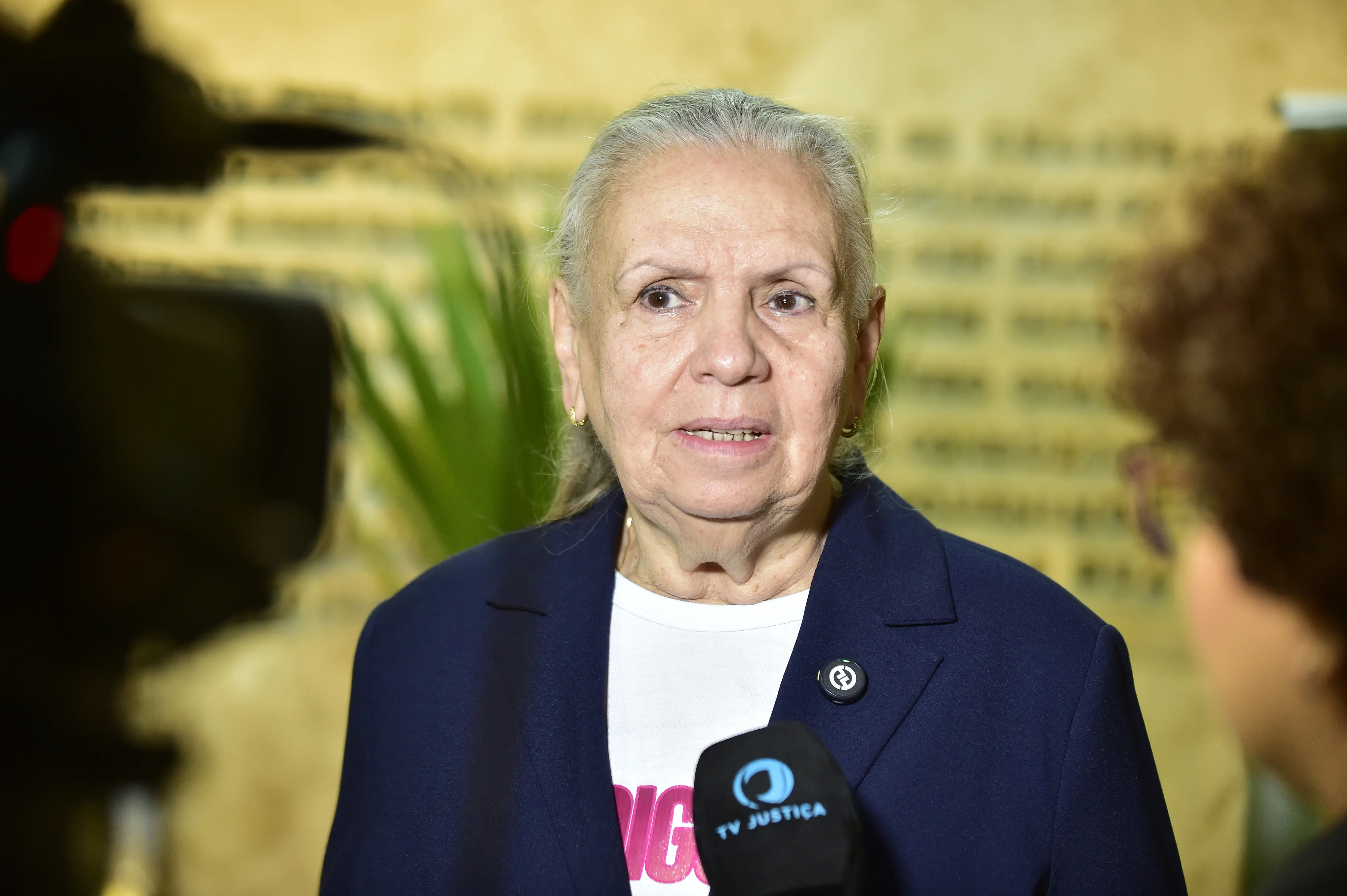 Desembargadora Maria Erotides Kneip concedendo entrevista à TV Justiça. Ela é uma senhora branca, de cabelos grisalhos, presos, usando camiseta da campanha Eu Digo Basta e blazer azul marinho.